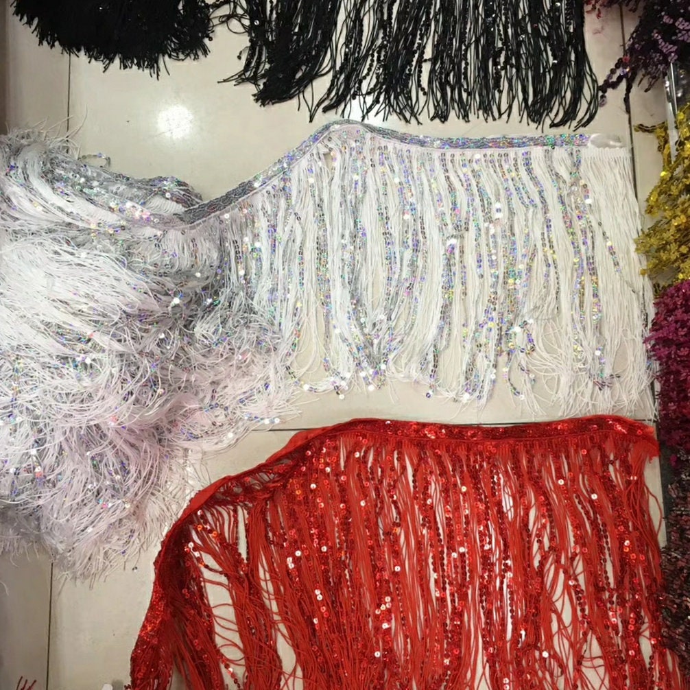10 Yards Washable 4 inch Wide Thick Chainette And Sequins Fringe, Dress Fringe, Lampshade Fringe, DIY Sewing and Craft Tassle Sequins Fringe
