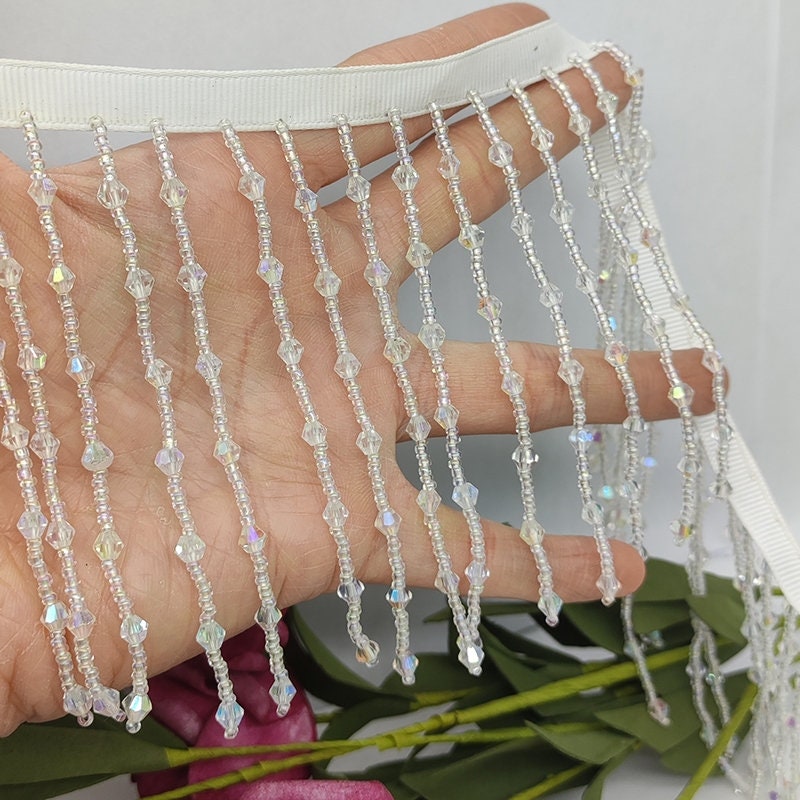 10 cm brede kralenfranje van kristallen en zaadkralen, goud, kristalhelder, zwart, rood, zwart, irisblauw, kralenfranje van kristallen kralen