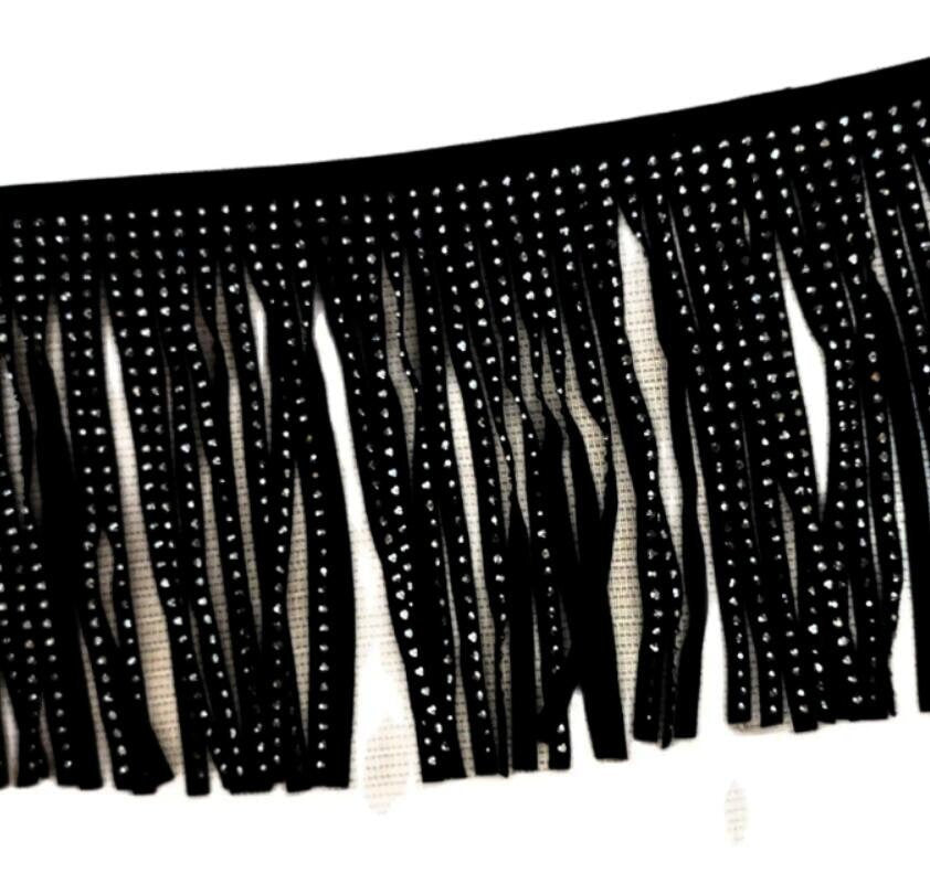 Frange en daim noir ornée de strass : garniture thermocollante, à coudre soi-même, 13 cm de large