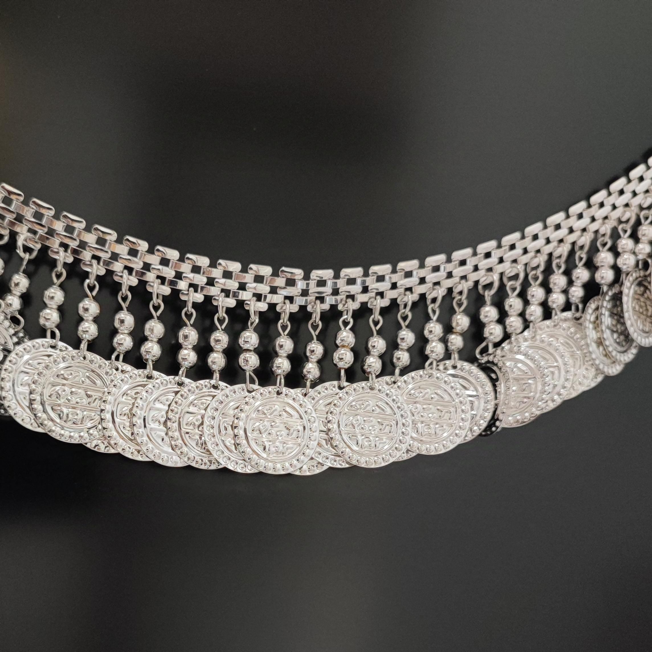 Frange perlée en alliage de 4 cm de large avec pièces et clochettes, argentée, or rose et canon de fusil. Abat-jour pour vêtements de danse. Couture et loisirs créatifs.