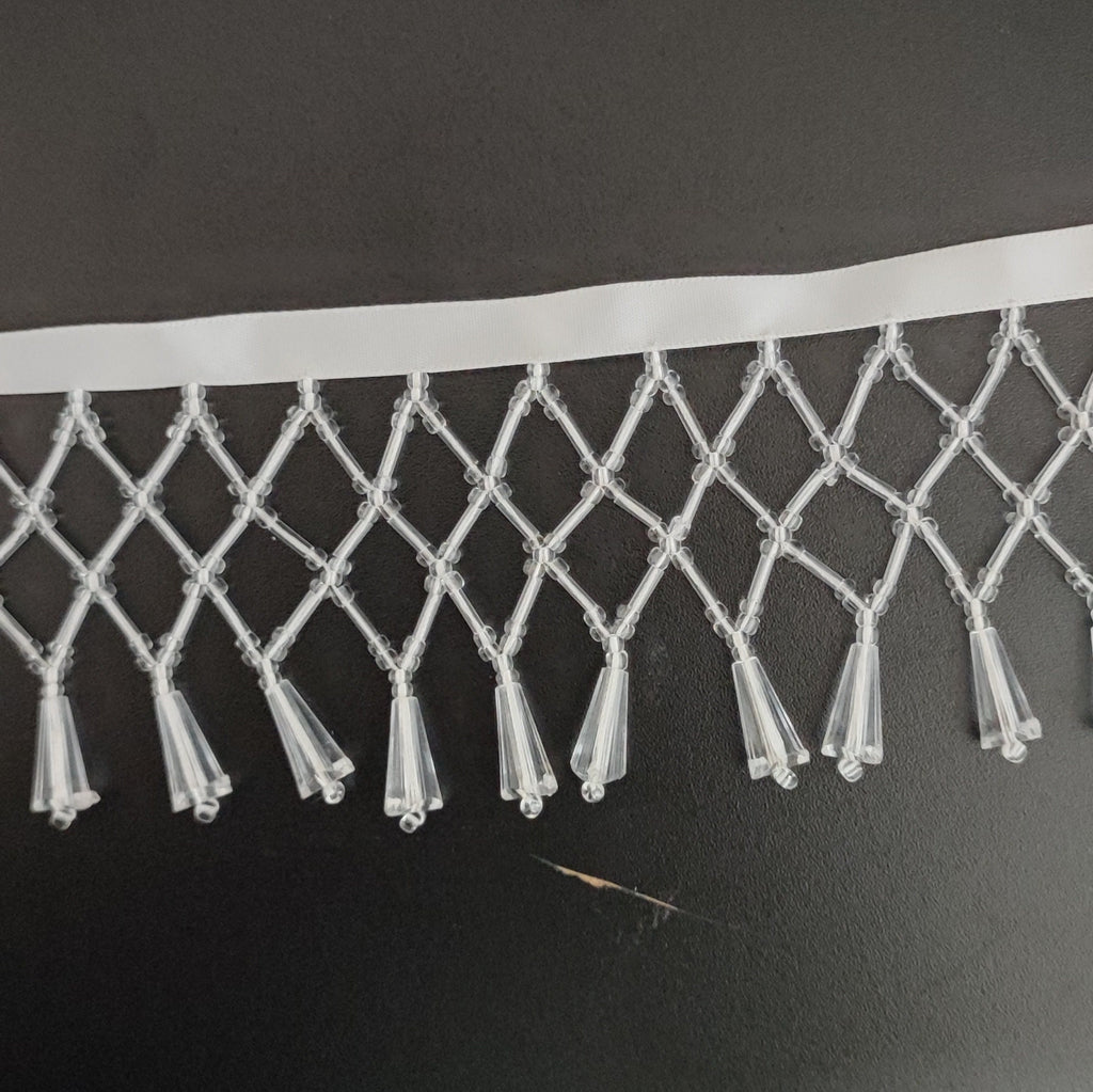 Frange perlée en filet de 6 cm de large, rose, turquoise, transparent, rouge, noir, vert, noir, perles de verre, perles de cristal, frange d'abat-jour perlée