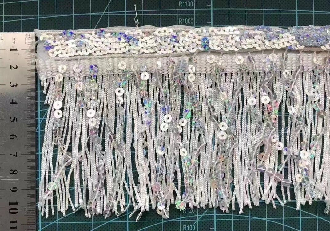 10 Yards Washable 4 inch Wide Thick Chainette And Sequins Fringe, Dress Fringe, Lampshade Fringe, DIY Sewing and Craft Tassle Sequins Fringe