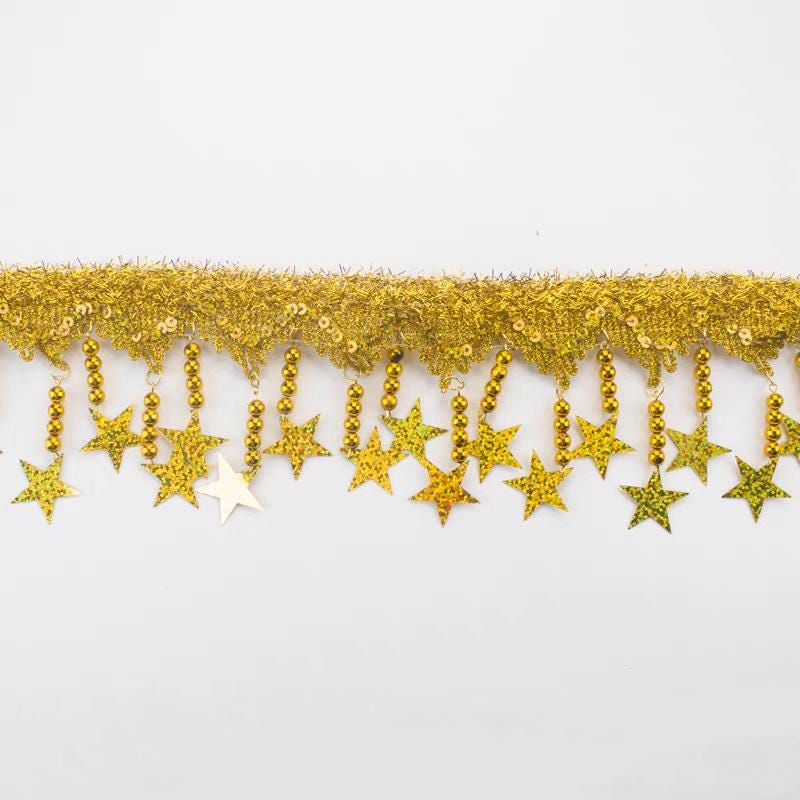 Sterrenpaillettenfranje, goud- en zilverkleurige afwerking, kostuumdecoratie (1 meter lang)
