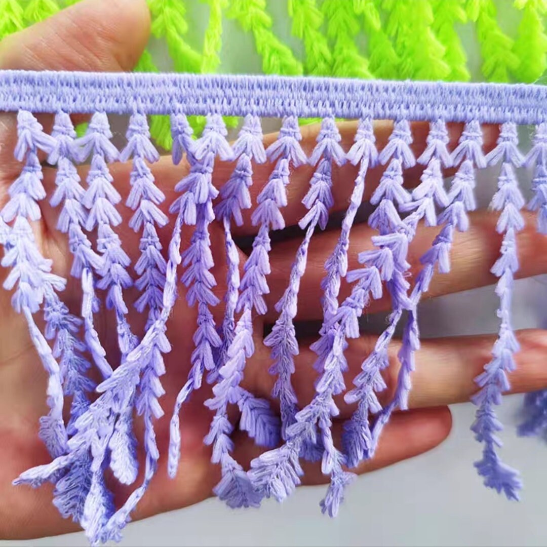 Franges en coton à motif de feuilles, 5 yards (4,47 m) de large et 9 cm de large, bleues, vertes et violettes. Idéales pour la confection de robes et autres projets de couture.