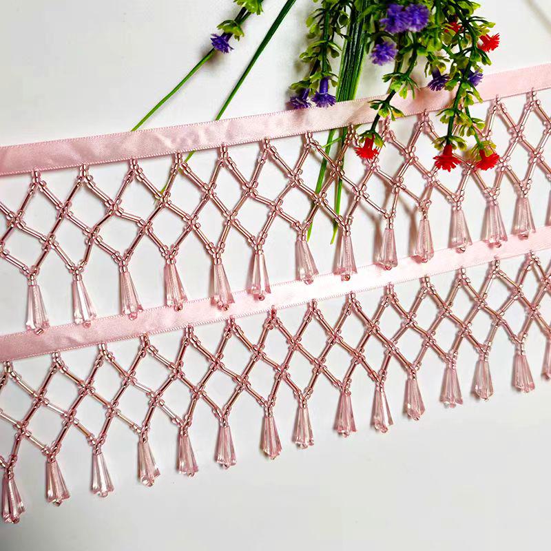 Frange perlée en filet de 6 cm de large, rose, turquoise, transparent, rouge, noir, vert, noir, perles de verre, perles de cristal, frange d'abat-jour perlée