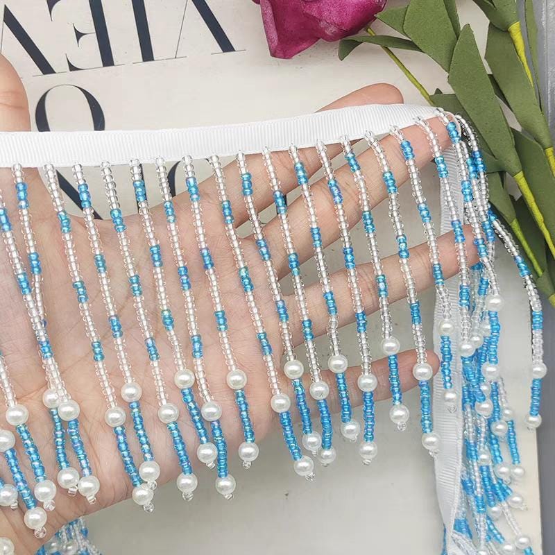 Pompon à franges en perles de verre de 11 cm de large, perles argentées, roses, rouges, noires, bleues et vertes, pour abat-jour, robe ou costume.