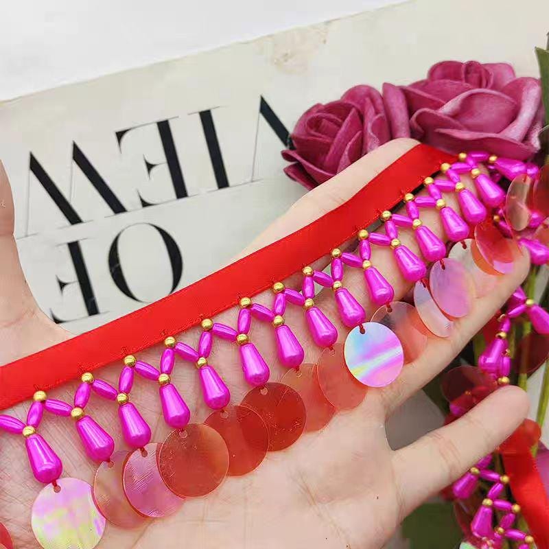 Frange perlée de 90 cm de long et 4 cm de large, ornée de perles et de sequins, rose, blanc, bleu, vert, noir, rouge, pour abat-jour.