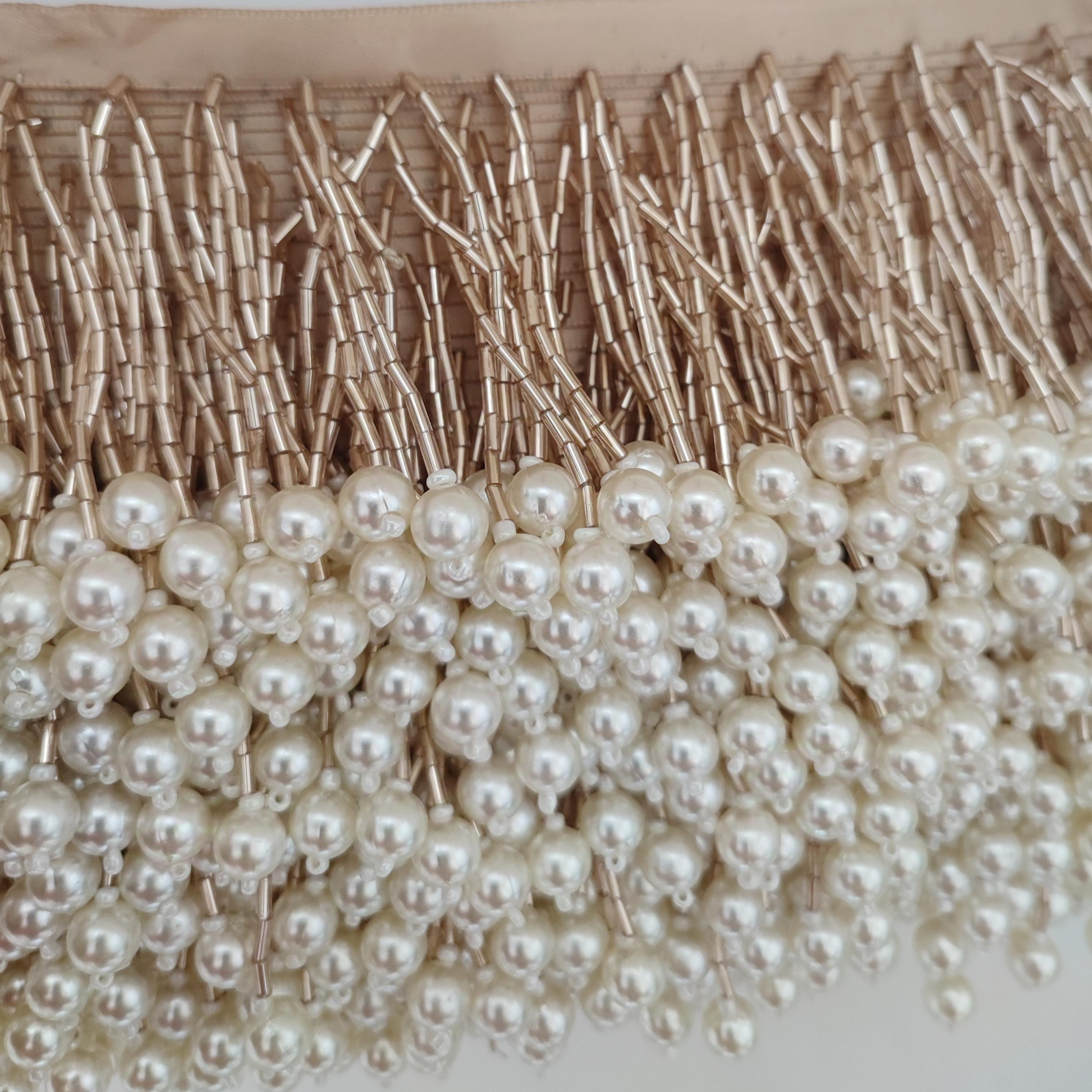 Custom Bugle Bead & Pearl Fringe Trim - 8cm Wide, 10 yards