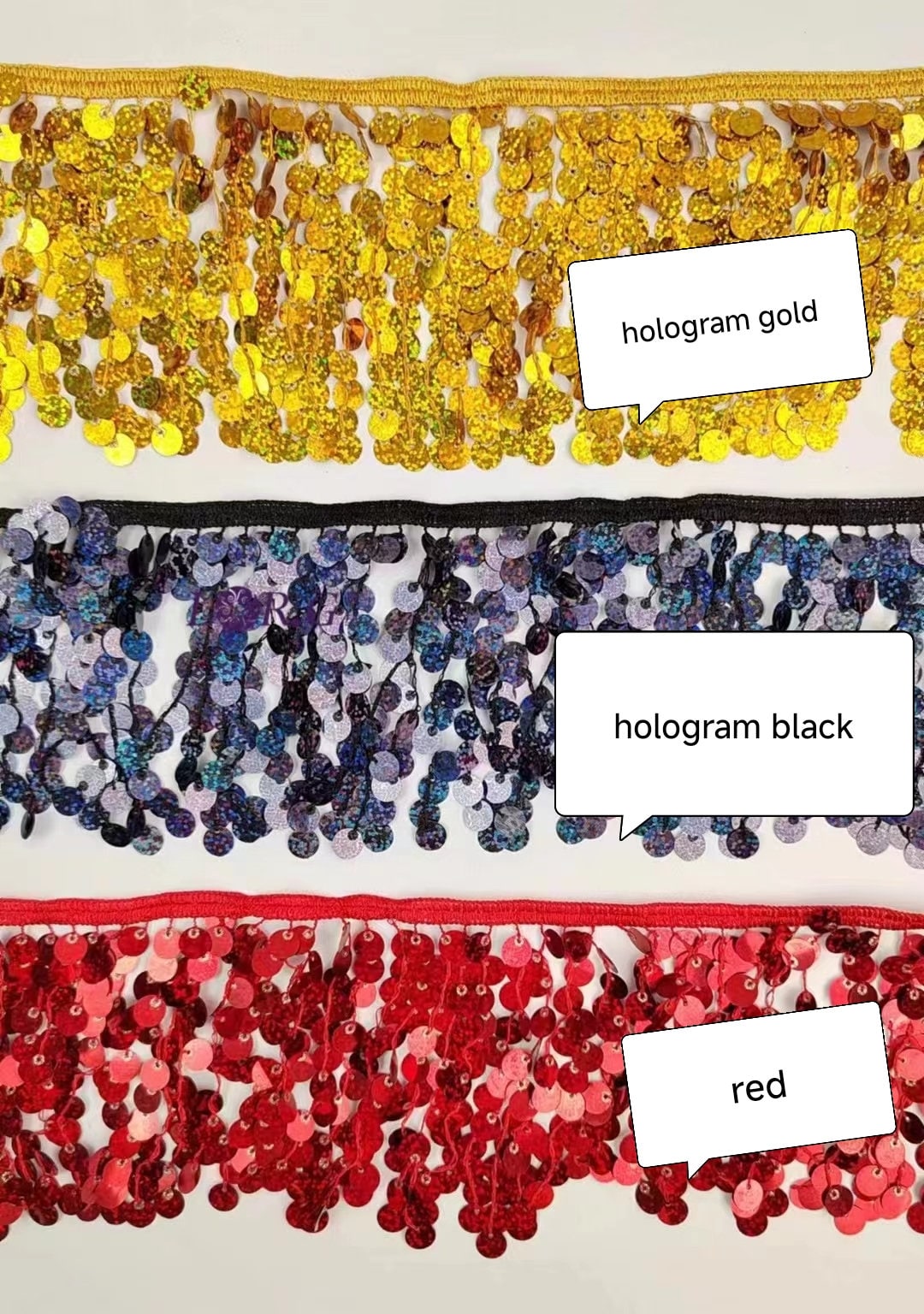 15 yards de franges à paillettes scintillantes de 10 cm de large et 10 cm d'épaisseur (9 mm + 3 mm), 6 couleurs différentes.