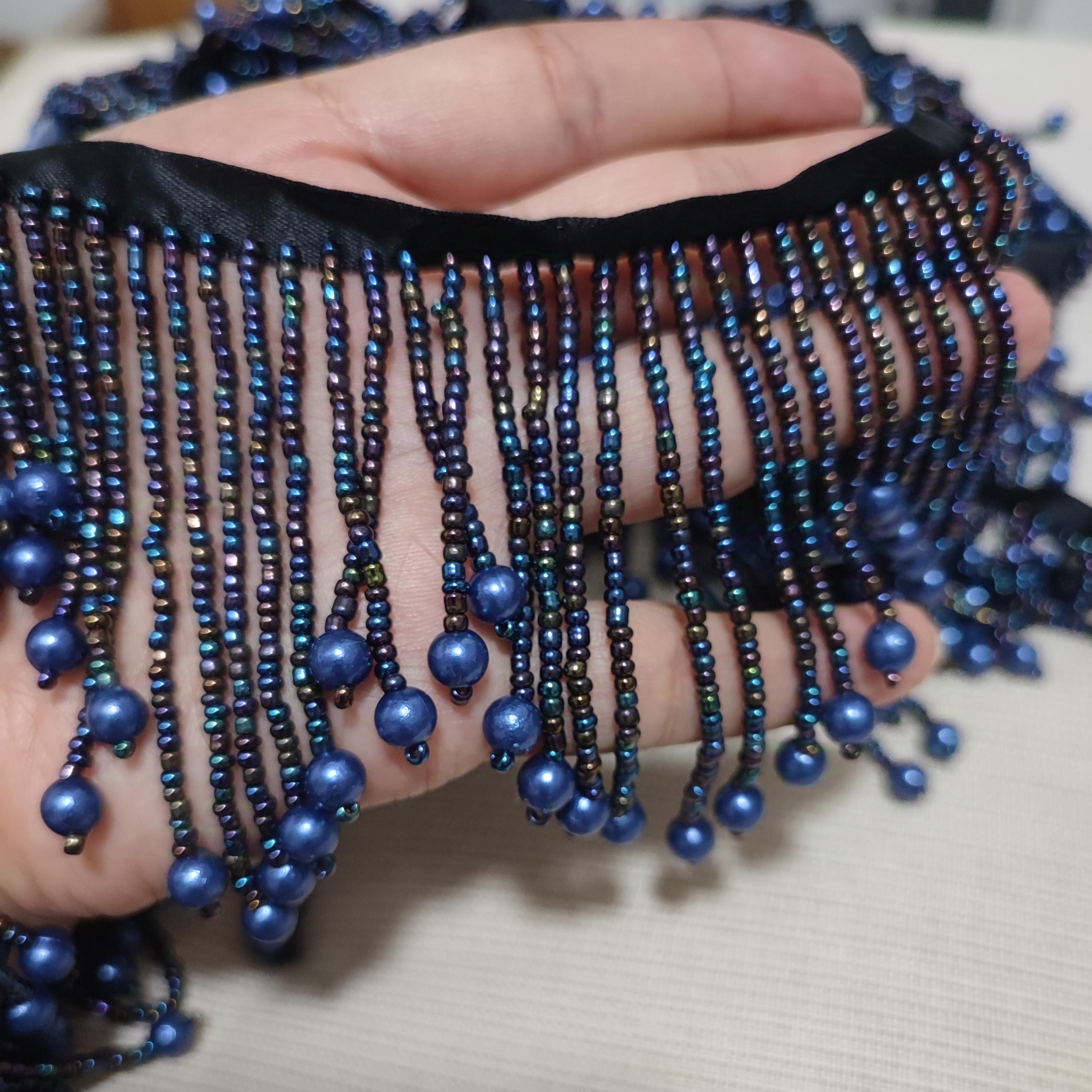 Frange perlée bleu marine Iris faite à la main, garniture d'abat-jour (90 cm de long)