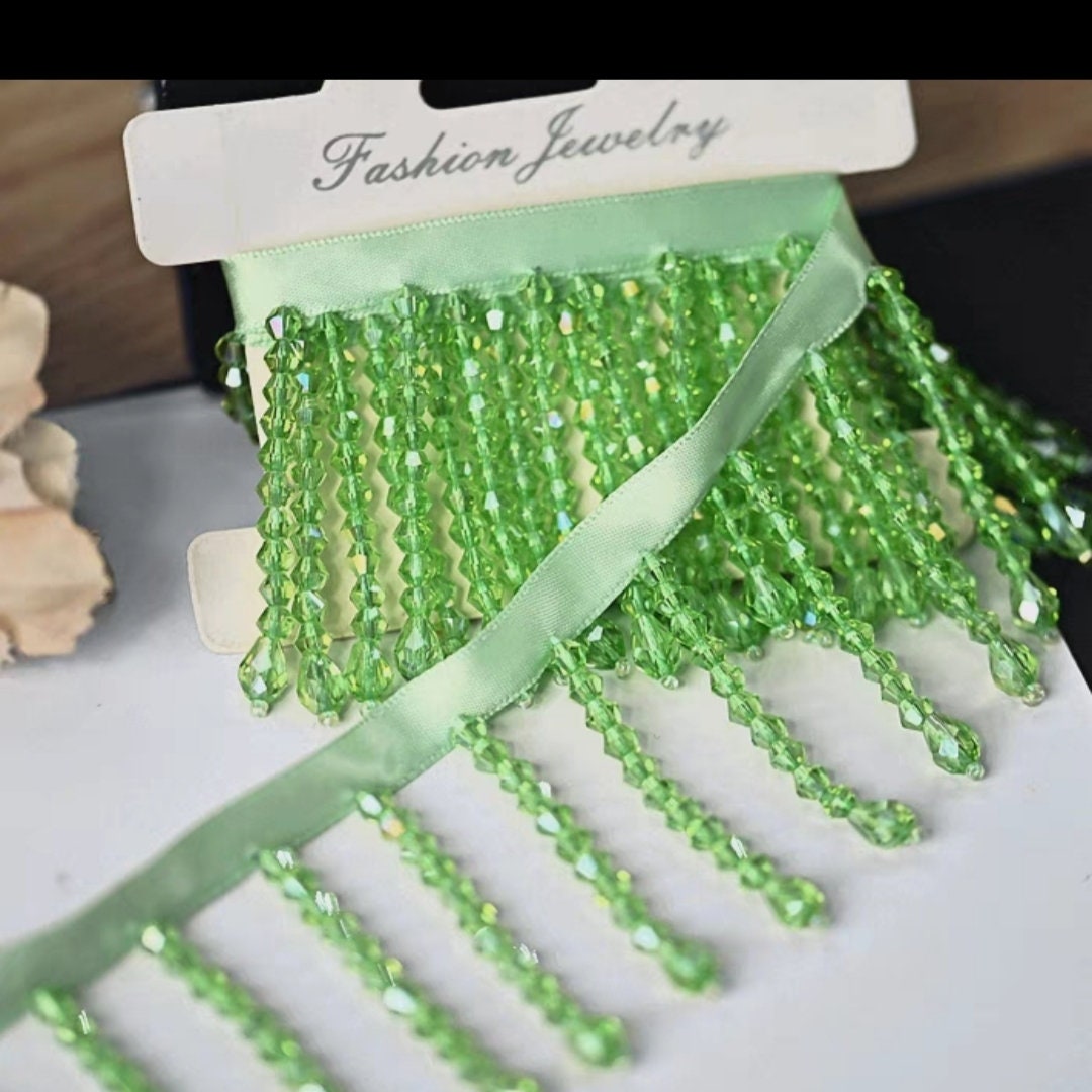Handmade Crystal Beads Fringe: Green Dance Dress Costume Trim