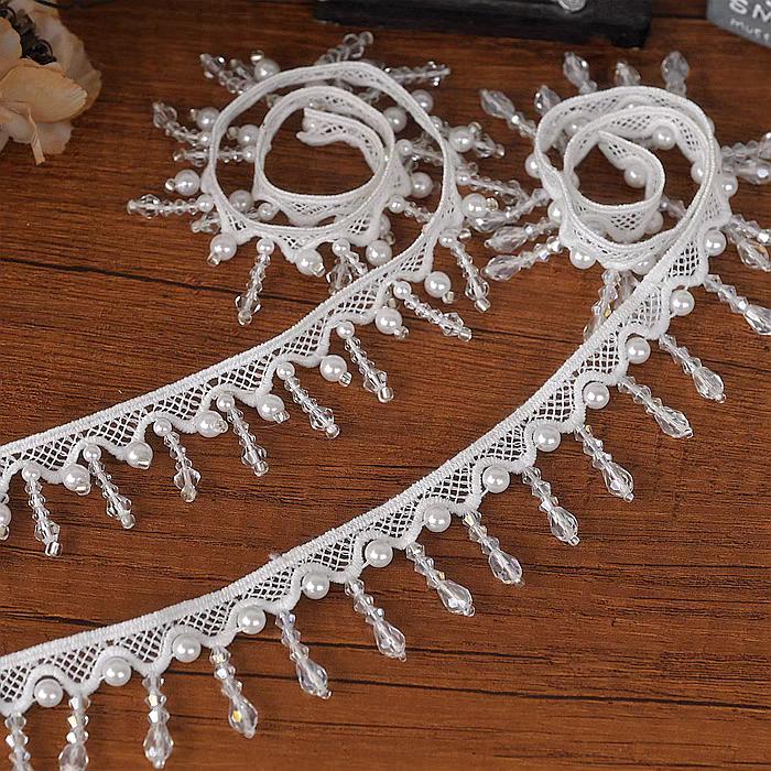 Handgemaakte franje van kristallen kralen, 1 meter lang en 2,8 cm breed, met parels en kant, geschikt voor jurken, kostuums, boetieks, handtassen, rokken, lampenkapfranje.