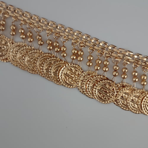 4 cm brede kralenfranje van legering met muntjes en belletjes, zilver, roségoud en antraciet, geschikt voor danskleding, lampenkap, doe-het-zelf naaiprojecten en knutselprojecten.