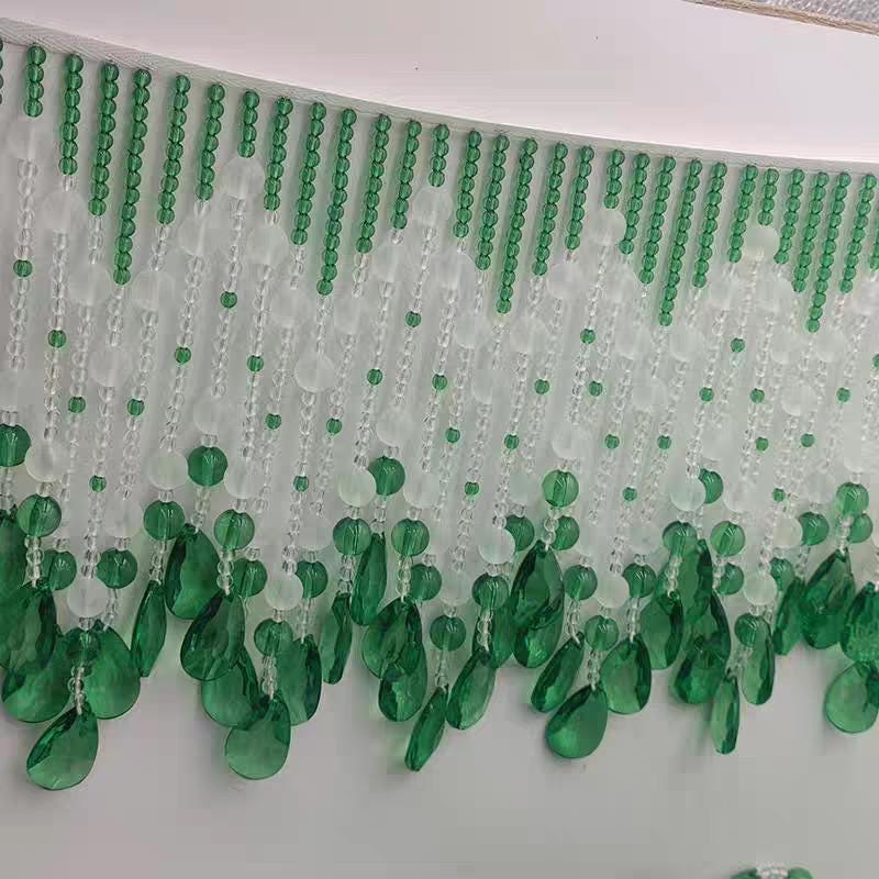 Handgemaakte franje van smaragdgroene kristallen kralen: decoratie voor lampenkap of jurk, 18 cm breed