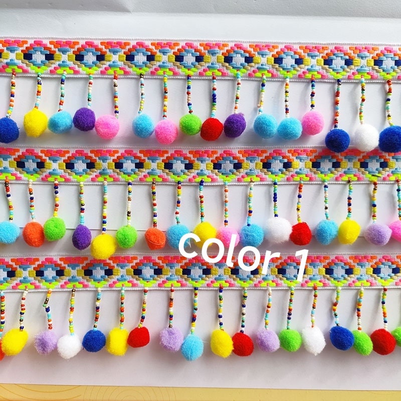 Frange à pompons faite main, 90 cm de long et 6 cm de large, ornée de perles. Idéale pour abat-jour, robe, etc. (à coudre soi-même).