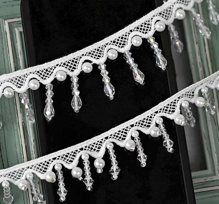 Handgemaakte franje van kristallen kralen, 1 meter lang en 2,8 cm breed, met parels en kant, geschikt voor jurken, kostuums, boetieks, handtassen, rokken, lampenkapfranje.