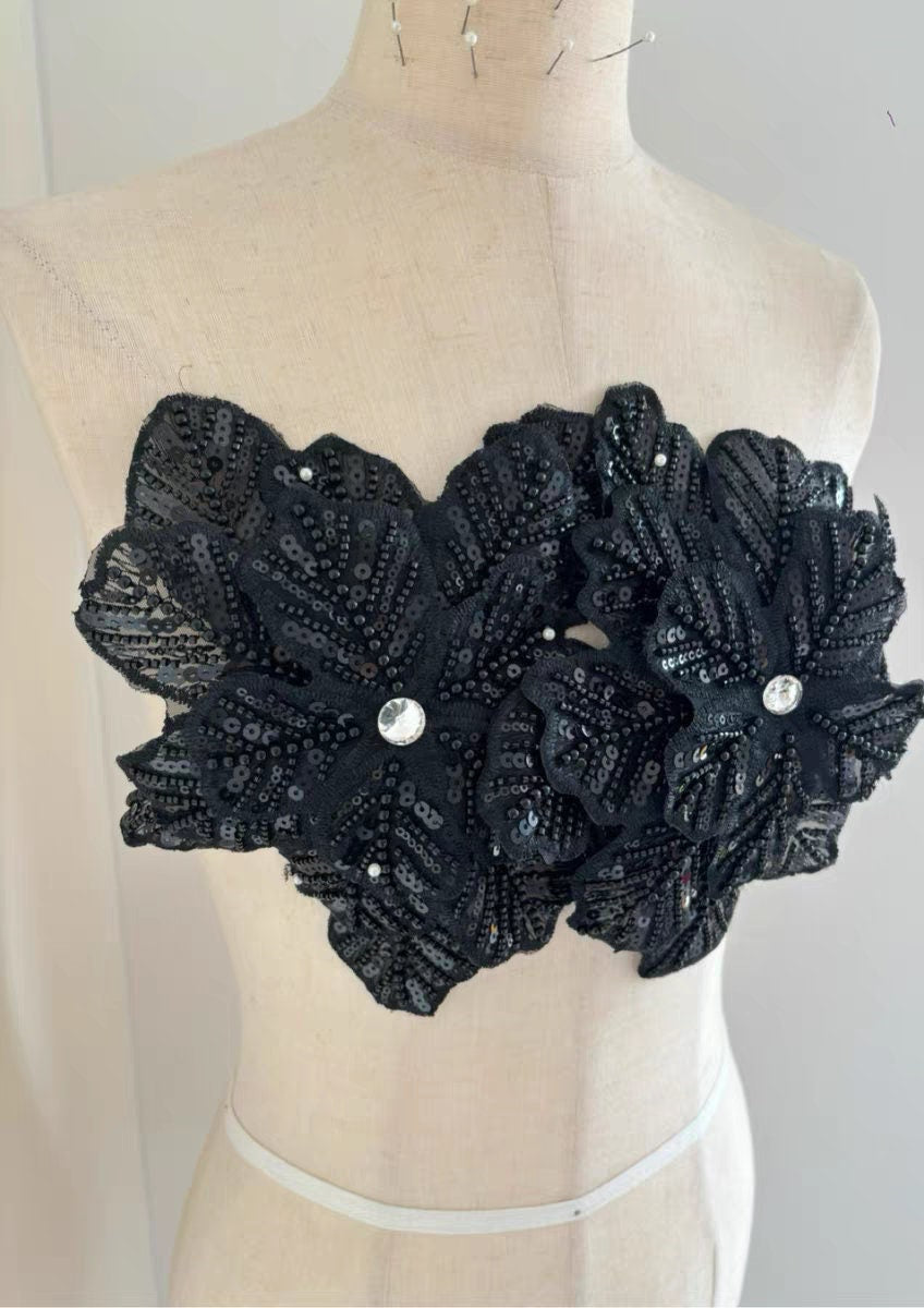 Écussons perlés faits main, motif floral, 23 cm, noirs, pour la confection de robes de mariée et autres costumes (accessoires de couture DIY).