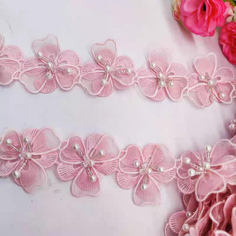 Handmade Pink Flower Lace Trim: Pearl & Organza Embellished (90cm)