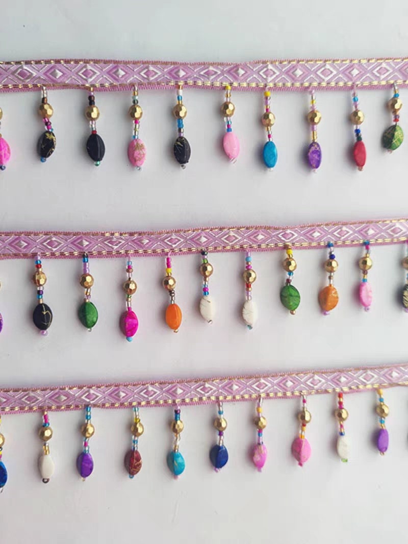 Handgemaakte schattige stervlinder van 90 cm lang en 2,5 cm breed, met kleurrijke kralen, kralenfranje, geschikt voor lampenkap, jurk of andere doe-het-zelfprojecten.