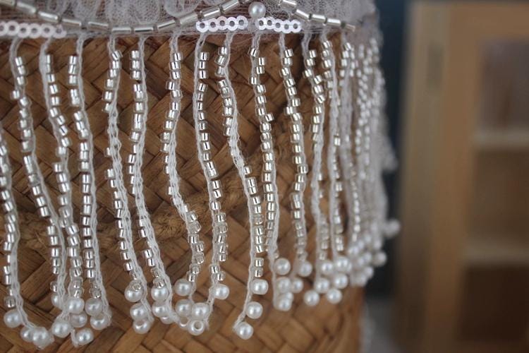 White Lace Beaded Fringe: Wedding Dress Couture Trim (10yards)
