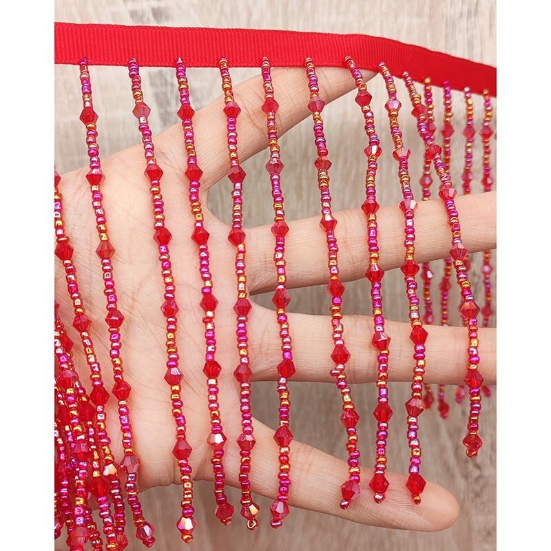 10cm Wide Crystal and Seed Beads beaded Fringe, Gold, Crystal Clear, Black, Red, Black, Iris Blue, Crystal Beads Beaded Fringe