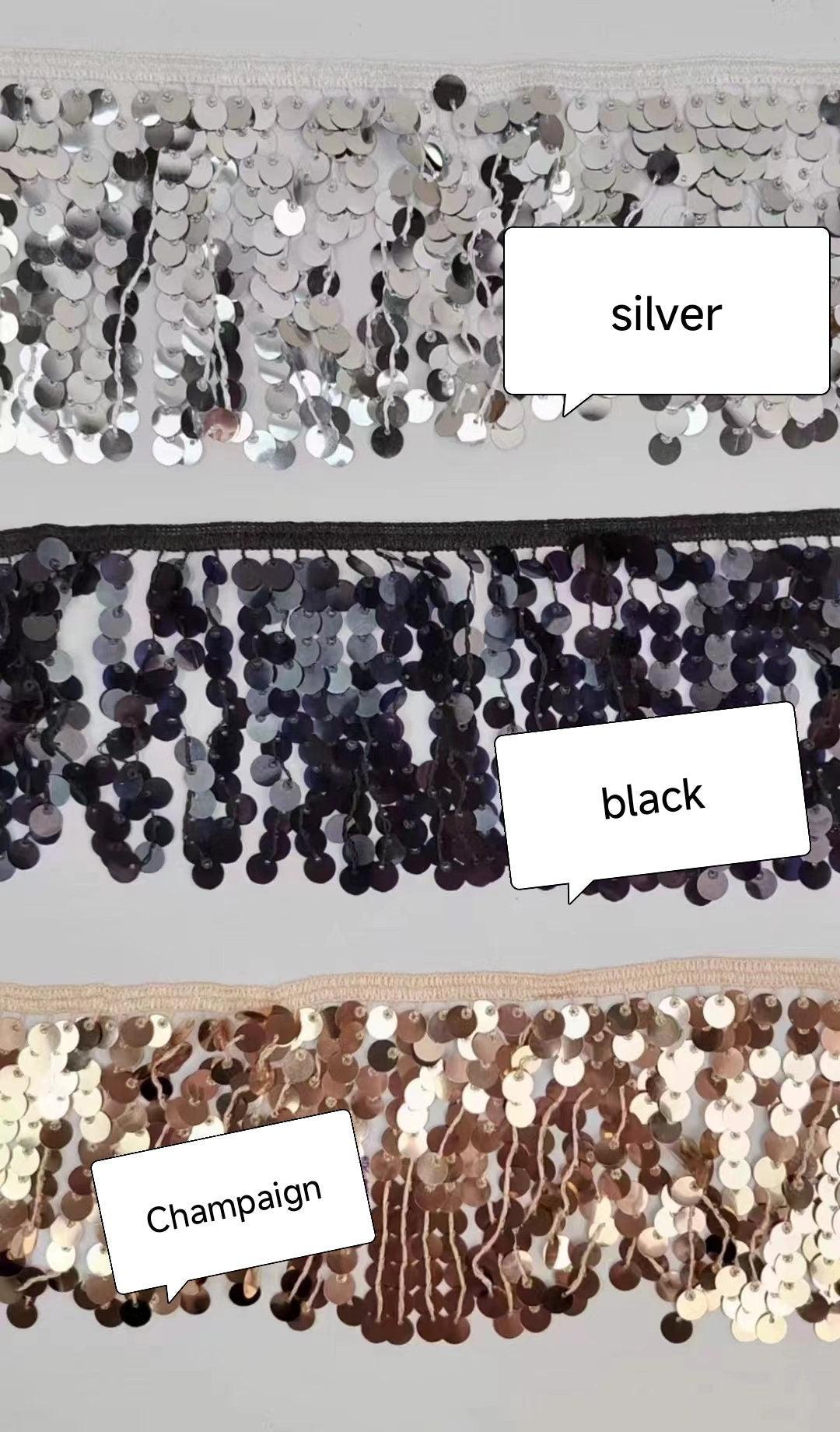 15 yards de franges à paillettes scintillantes de 10 cm de large et 10 cm d'épaisseur (9 mm + 3 mm), 6 couleurs différentes.