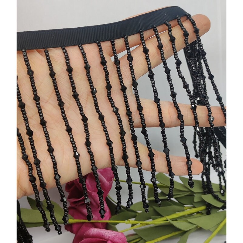 10cm Wide Crystal and Seed Beads beaded Fringe, Gold, Crystal Clear, Black, Red, Black, Iris Blue, Crystal Beads Beaded Fringe