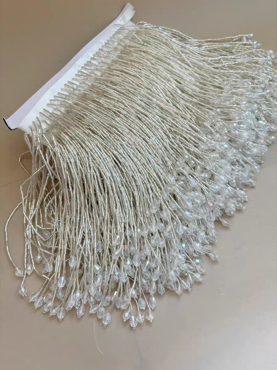 6inch Bugle Beads Crystal Beads Beaded Fringe,Lampshade Fringe,Dancewear Tassle Fringe, Dress Fringe,DIY Sparkle Beaded Fringe, Custom Color