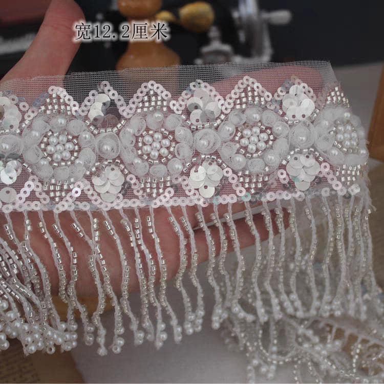 White Lace Beaded Fringe: Wedding Dress Couture Trim (10yards)