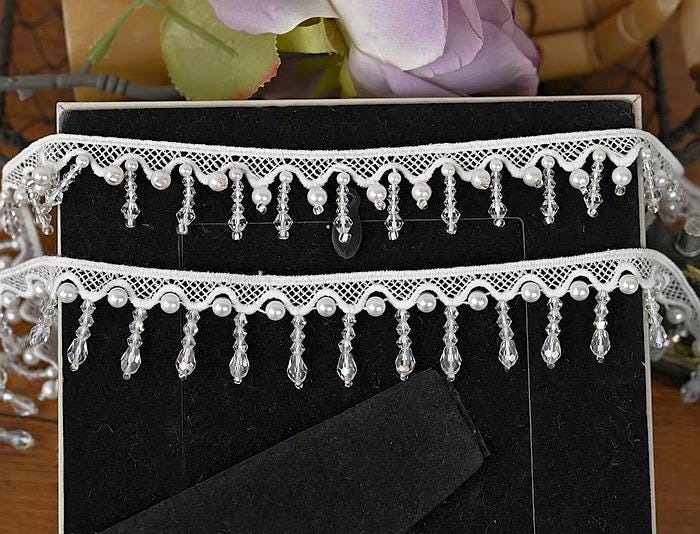 Handgemaakte franje van kristallen kralen, 1 meter lang en 2,8 cm breed, met parels en kant, geschikt voor jurken, kostuums, boetieks, handtassen, rokken, lampenkapfranje.