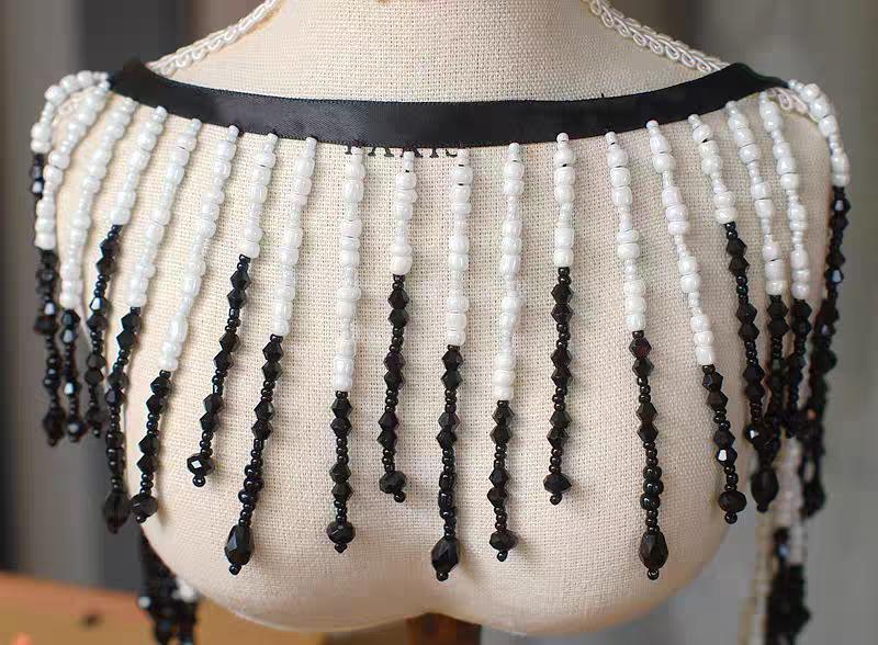 Handmade Black & White Beaded Fringe: Lampshade, Dress, Costume Trim