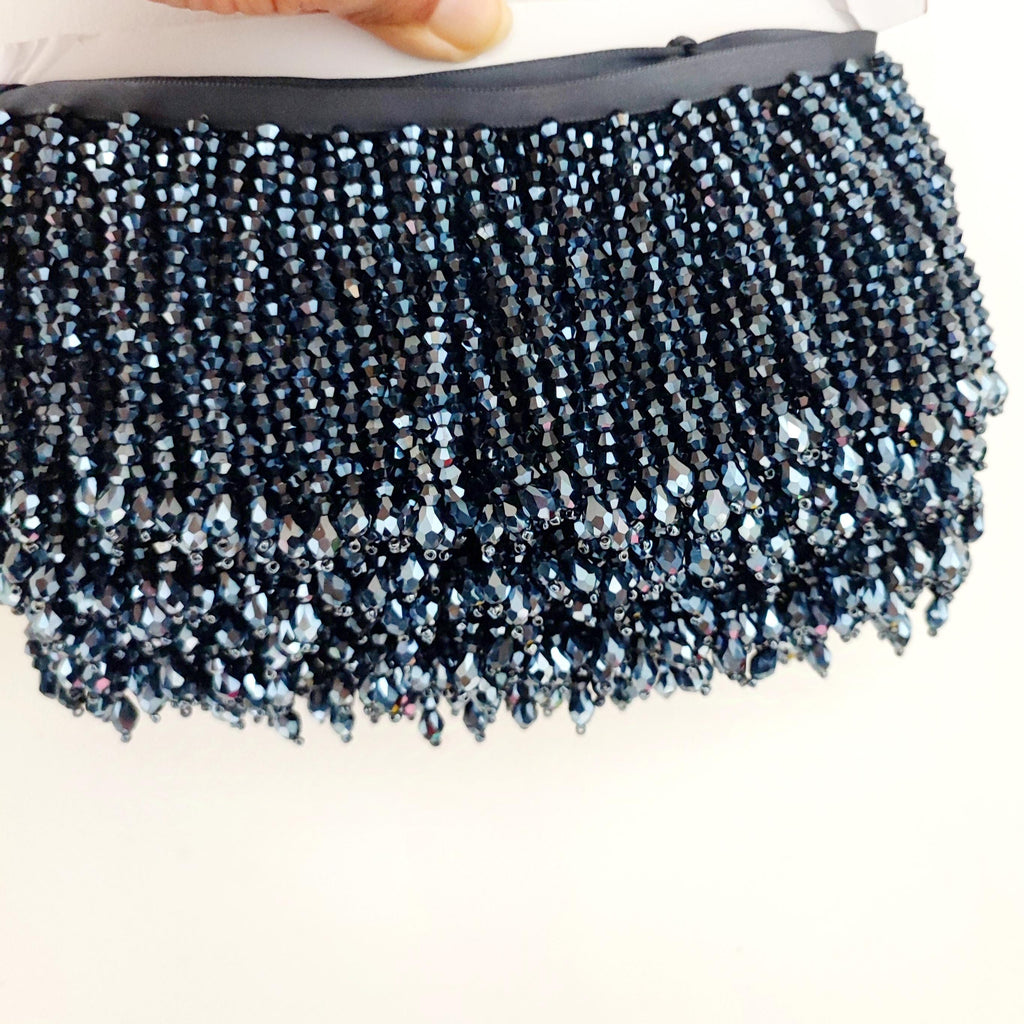 Handgemaakte kralenfranje van 90 cm lang en 3,6-4 inch breed met kristallen kralen, marineblauw, geschikt voor jurken, kostuums en schorten. Kleuren op maat gemaakt.