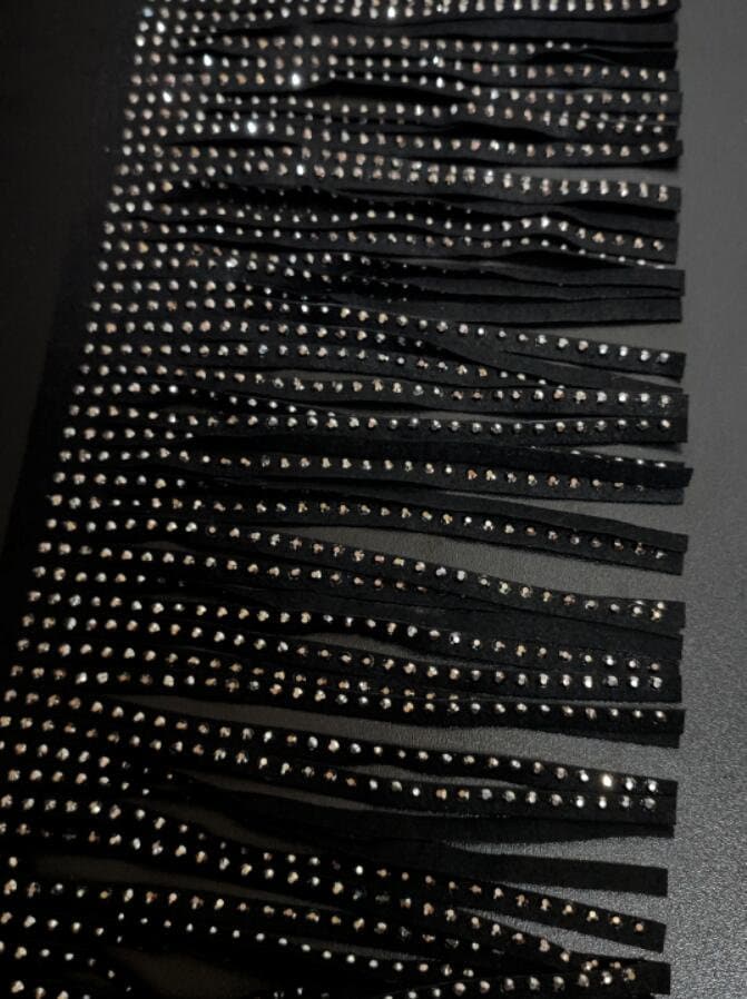 Frange en daim noir ornée de strass : garniture thermocollante, à coudre soi-même, 13 cm de large