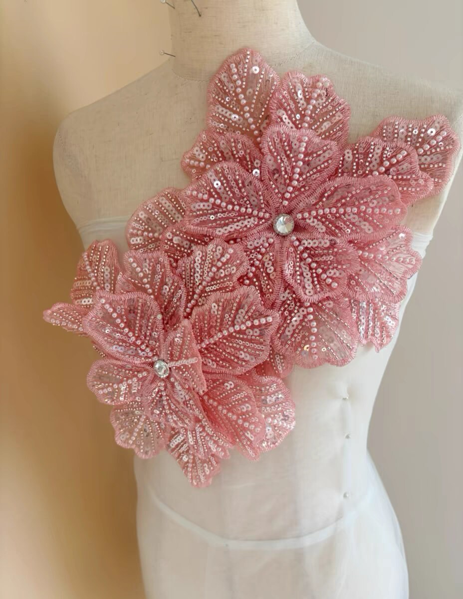 Écussons perlés faits main, motif fleur, 23 cm, rose, fournitures de couture pour robes de mariée et costumes (DIY)