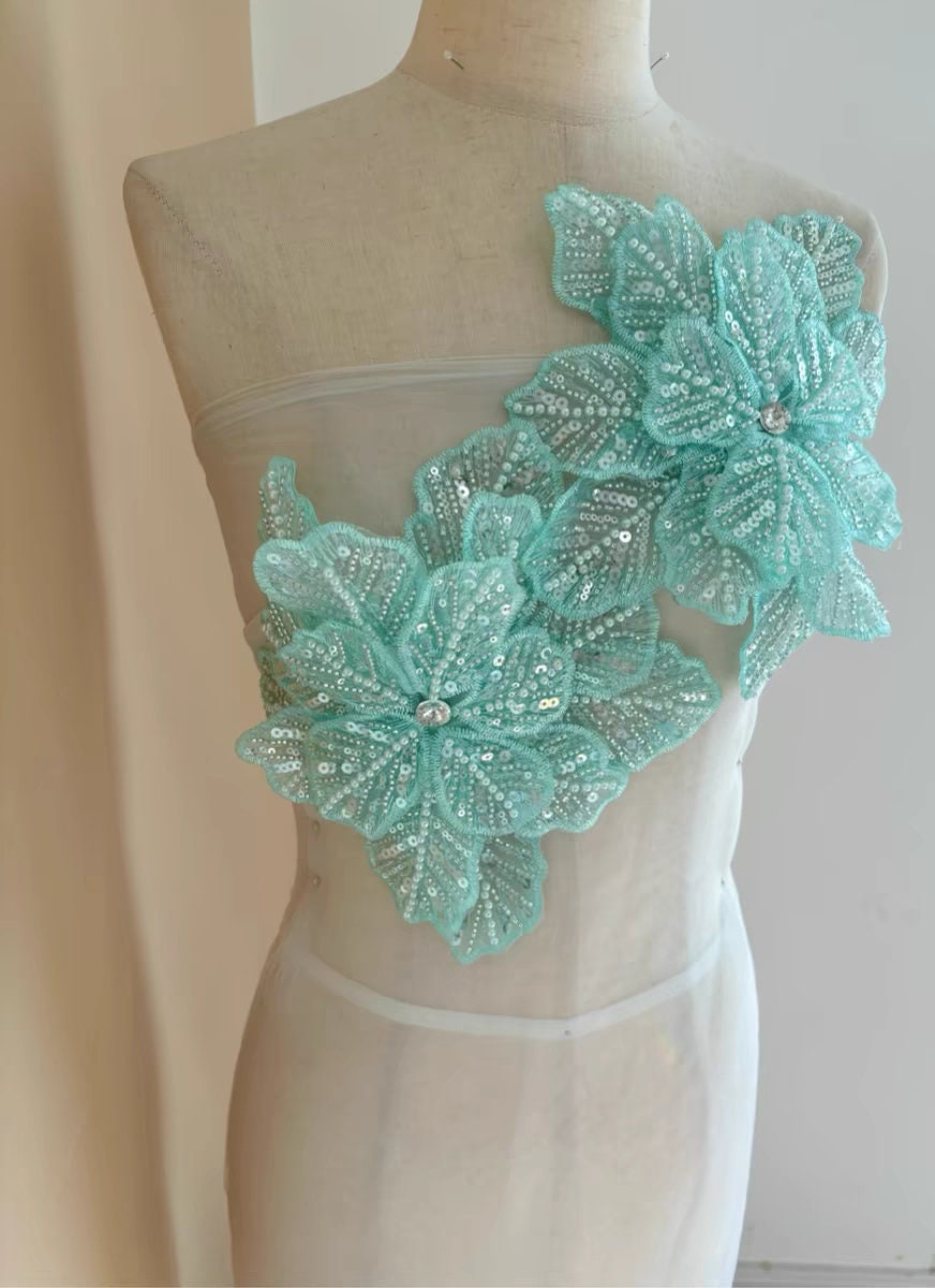 Écussons perlés faits main, motif floral, 23 cm, menthe, fournitures de couture pour robes de mariée et costumes (DIY)