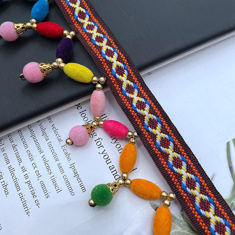 Bordure à pompons perlés faite à la main, bordure d'abat-jour colorée