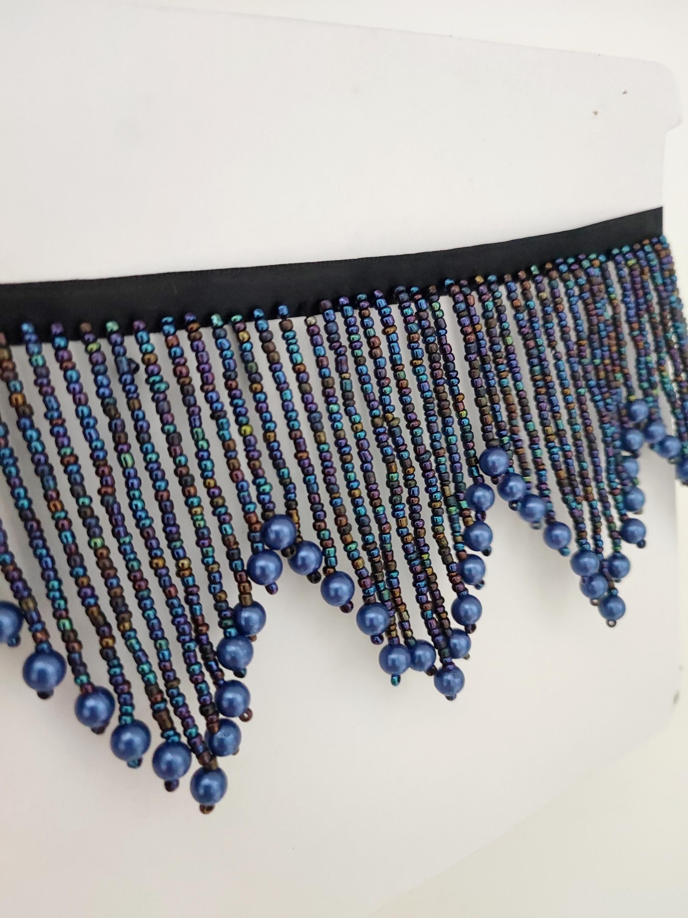 Frange perlée bleu marine Iris faite à la main, garniture d'abat-jour (90 cm de long)