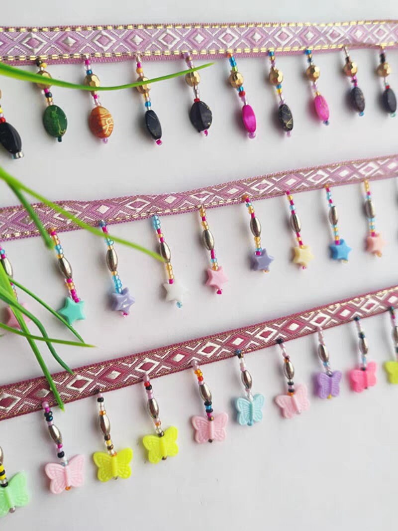 Handgemaakte schattige stervlinder van 90 cm lang en 2,5 cm breed, met kleurrijke kralen, kralenfranje, geschikt voor lampenkap, jurk of andere doe-het-zelfprojecten.