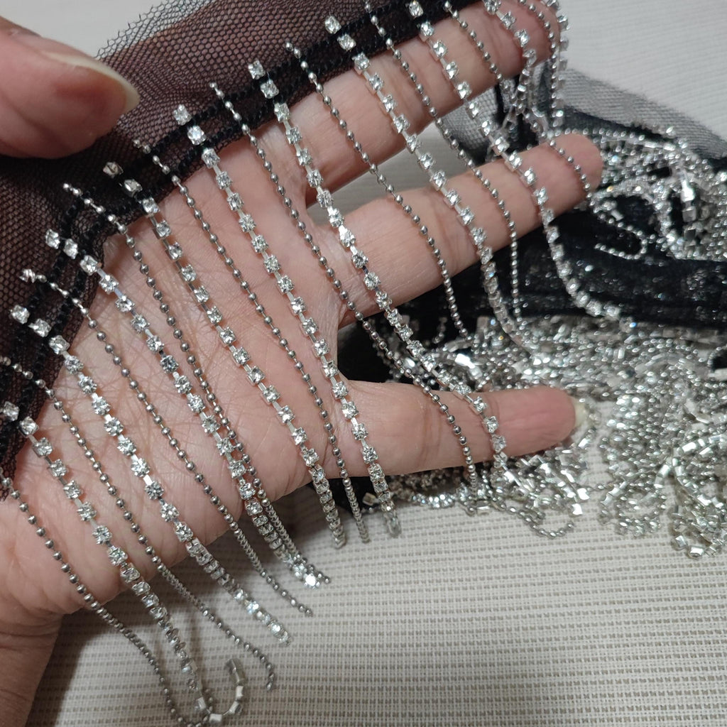 Franges en strass scintillants : Pompons pour robes de haute couture (9 cm de large)