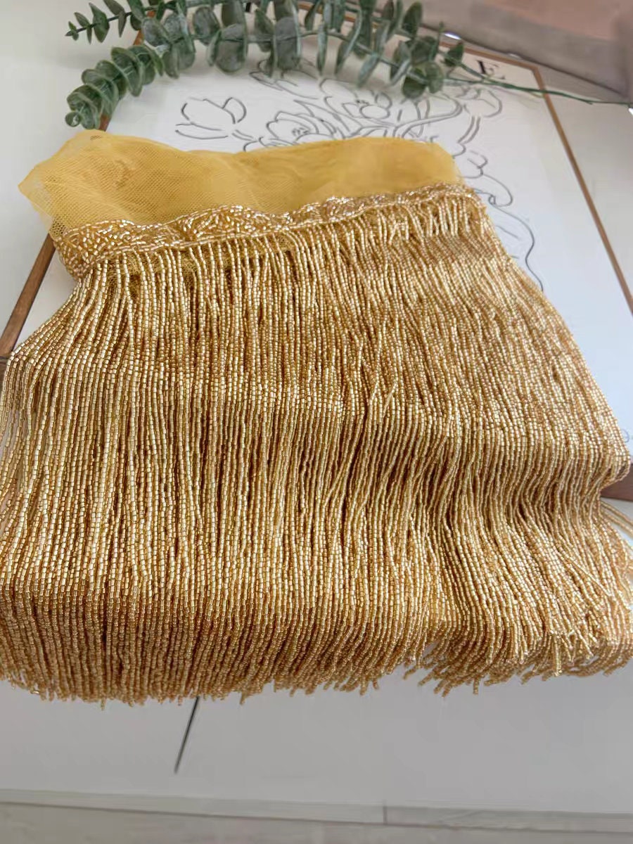 Bordure à franges en perles de rocaille dorées faites à la main, abat-jour et costume à faire soi-même (180 cm)