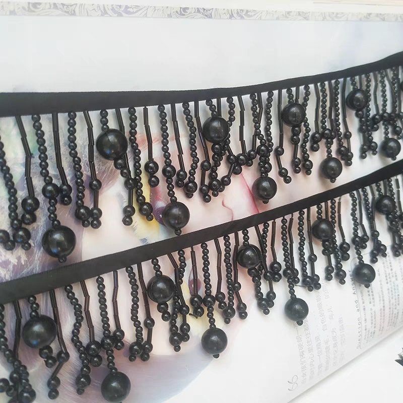 Frange de perles faite main, 90 cm de long et 6,5 cm de large, blanche ou noire, pour abat-jour, robe ou à réaliser soi-même.