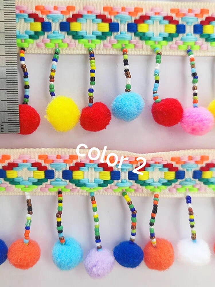 Frange à pompons faite main, 90 cm de long et 6 cm de large, ornée de perles. Idéale pour abat-jour, robe, etc. (à coudre soi-même).