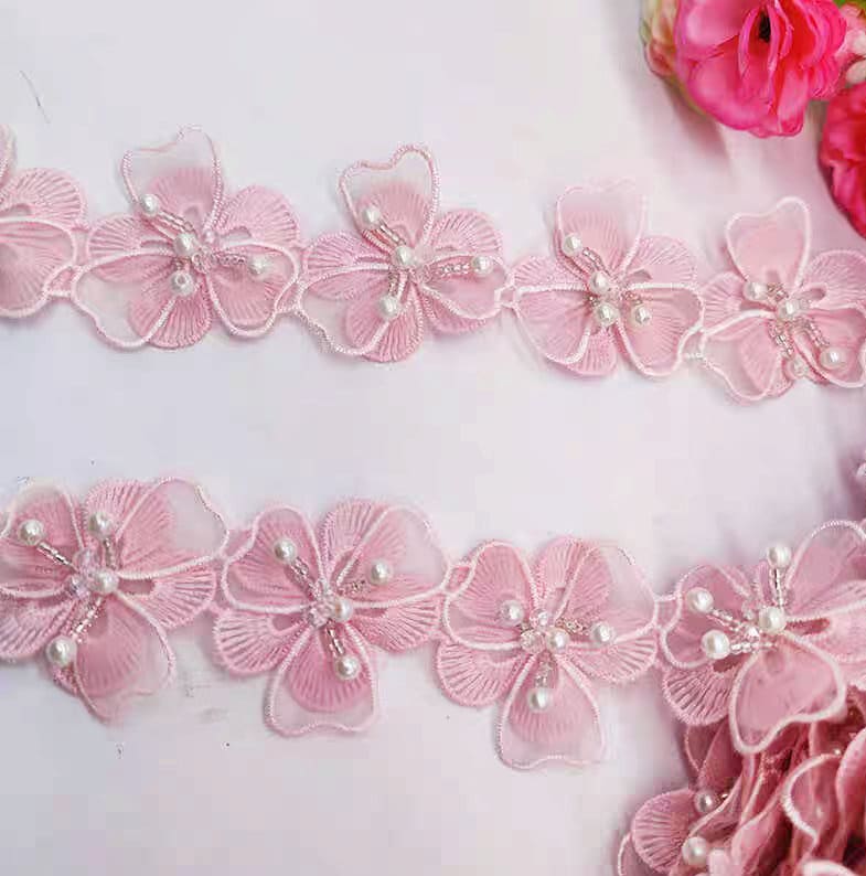 Handmade Pink Flower Lace Trim: Pearl & Organza Embellished (90cm)